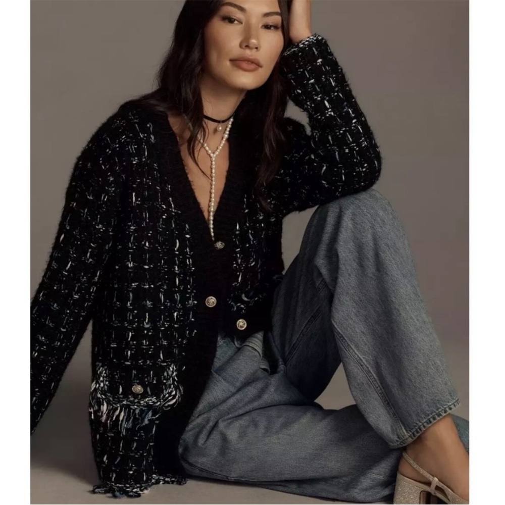 By Anthropologie Tweed Fringe‎ Cardigan Sweater Size Small Black Motif